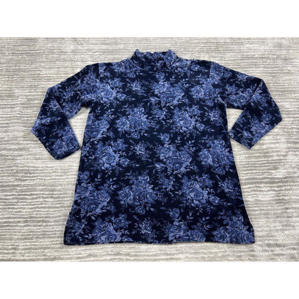 Mountain Lake Casuals Top Womens Medium Blue Floral Mock Neck Velour Long Sleeve